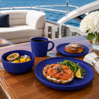 Service de table de luxe 16 pièces bleu mat en céramique et grès, assiettes, bols, tasses, résistant au lave-vaisselle et à la chaleur, pour la maison et les hôtels