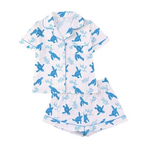 Conjunto de Pijama de Verano para Mujer con Estampado de Tortuga Marina y Coral Oceánico, Ribete en Contraste Azul, Cuello con Muescas y Manga Corta - Product Image 5