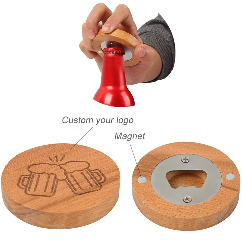 Grosir kustom desain Logo Coaster kayu bulat pembuka bir pembuka botol bir kayu dengan Magnet