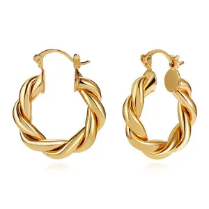 Classic Jewelry Hypoallergenic Waterproof Circle Thick Twist Hoop Earrings Gold Plated Stainless Steel 18K Brass Opp Bag Women's