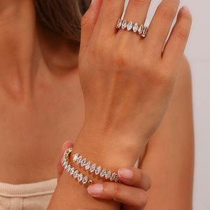 2026 Popular Marquise Zircon Full Paved Stainless Steel 18K Gold Plated <b>Adjustable</b> Open Ladies Tennis Stackable Finger <b>Ring</b> - Product Image 2