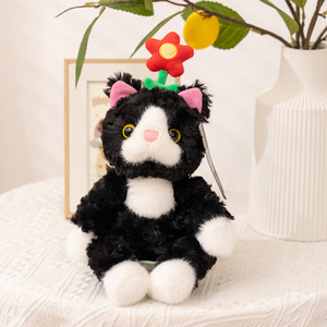 Recién llegado, simulación de gato negro de peluche con pequeña flor, Animal de peluche, decoración del hogar, regalo de cumpleaños para niños, juguete de gato suave - Product Image 6