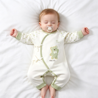 Barboteuse bébé en coton style kimono, adorable imprimé ours cerf-volant, manches longues, design à nouer sur le côté, entrejambe à boutons-pression, pour nouveau-né, usage quotidien