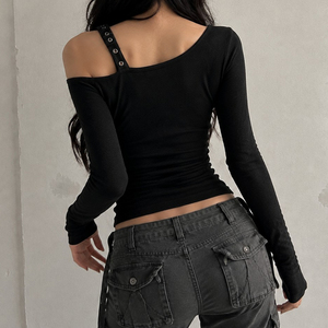 Womens One Shoulder Print Tee Asymmetric Neck Long Sleeve Slim Fit T-Shirt <b>Y2K</b> Dark Style Casual Streetwear <b>Top</b> 100% Cotton - Product Image 4