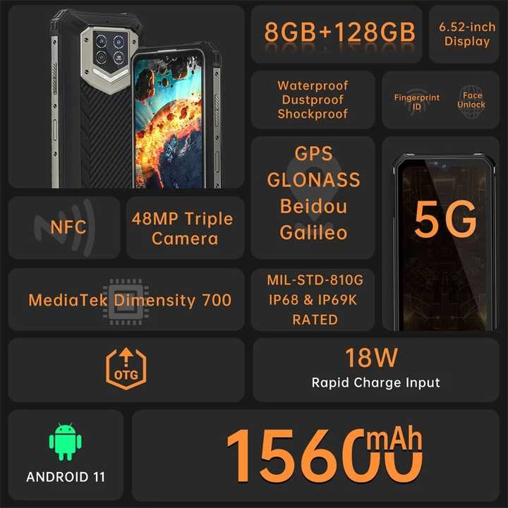 Oukitel WP15 Rugged Smartphone - IP68 Waterproof, 8GB+128GB 