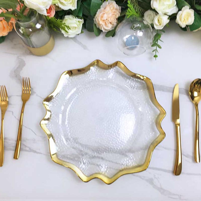 Wholesale Exquisite Dinner Plastic Charger Plates Transparent Floral Plate with Decorative Gold Rim for Party Wedding