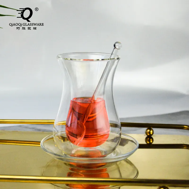סיטונאי בעבודת יד זכוכית דו-שכבתית כוס תה שחור טורקי סט כוס קפה ביתי סט כוס תה כף זכוכית ערבוב