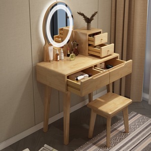Coiffeuse moderne européenne minimaliste nordique en bois massif avec miroir éclairé et veilleuse, rangement intégré pour salon et petits appartements - Product Image 4