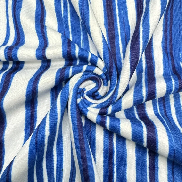 Custom 200gsm Soft Ground Blue Irregular Stripe Print Polyester Spandex Fabric For Dress