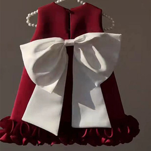 <b>Red</b> Strapless Flower Girl Dress With White <b>Bow</b> Solid Color Cotton Dress For Girls - Product Image 1