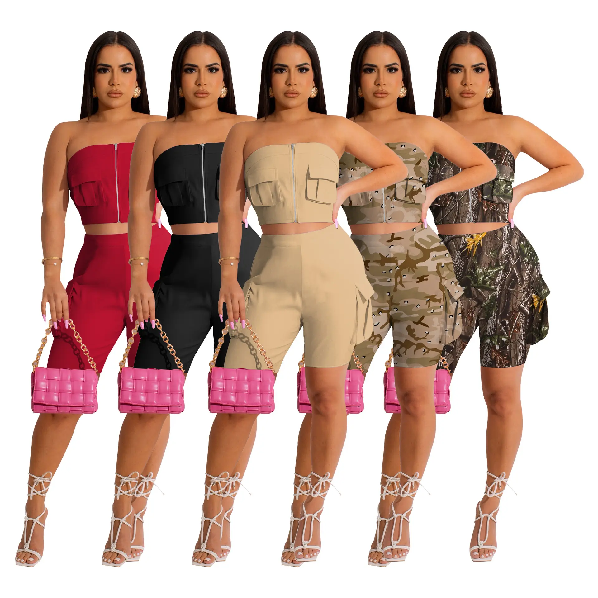 Top Selling Trending Products Camouflage Tube Top 2 Piece Crop Top And Shorts Women Sets Casual Zipper Corset Shorts Sets