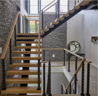 Kits d'escaliers droits intérieurs modernes de luxe à faire soi-même avec marches en acier et en bois, conception modulaire, garde-corps en verre écologique pour cuisine