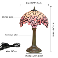 Lampe de table en verre teinté de 12 pouces, style jardin américain, fleurs de cerisier roses, lampe de chevet romantique pour chambre à coucher, cadeau pour la fête des mères