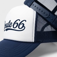 Fabricante Auditado por ISO9001 y BSCI, Exportación al por Mayor, Gorra Trucker Profesional de 5 Paneles con Logotipo Personalizado, Estilo Retro Route 66, Color Azul Marino y Blanco