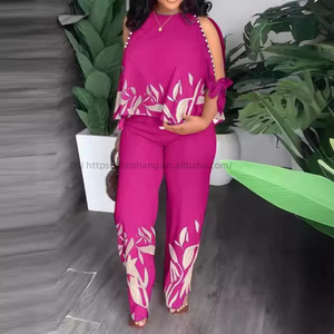 Women's Round Neck Raglan Sleeve <b>Beaded</b> <b>Top</b> With Positioned Print Long Pants Plus Size 2-Piece Set Fashion - Product Image 5