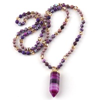 Colliers Pendentifs Bohèmes Personnalisés avec Pierre/ Cristal de 6 mm, Colonne Hexagonale Nouée Longue en Pierre Précieuse
