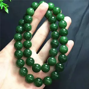 Vintage Style Fine Jewelry High Quality 12mm Hetian Jasper Natural Green Jade Stone Beads Necklace