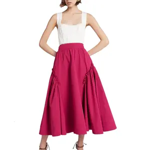Customize Women Clothing Solid Hot Pink Streetwear Maxi Midi Length Cotton Skirt With Side Pockets