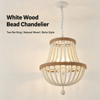 Lustre à perles de bois blanc, suspension double anneau, finition bois naturel, lampe longue moderne à suspension moyenne pour salon