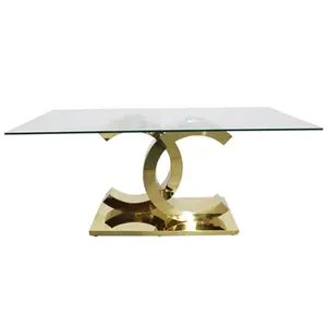 Wholesale european contemporary restaurant stainless steel table 12mm glass base MDF package dinig tabels