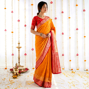 Sari de seda naranja con borde rojo y blusa para mujer, ropa tradicional para bodas en India y Pakistán - Product Image 1