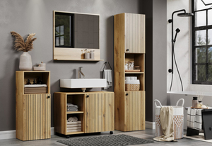 Venta al por mayor directa de fábrica: Mueble de baño bajo <span class=keywords><strong>fregadero</strong></span> con puerta de panel acanalado estilo europeo y ruedas - Product Image 2