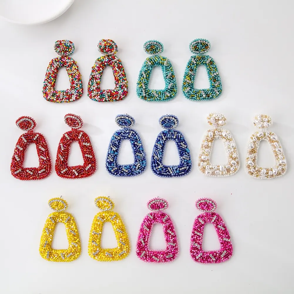 Vintage Irregularity Handmade Felt Color Seed beads beaded stud earrings Glitter Rhinestone earrings jewelry