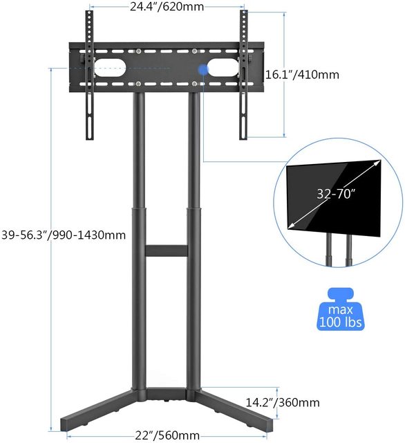 TV Floor Stand Against the Wall for 32-70 Inch TVs LED LCD Screens Height Adjustable TV Cart