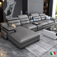 Muebles de Sala de Estar Modernos Europeos, Sofá Seccional de Esquina de Cuero Genuino con Luces LED
