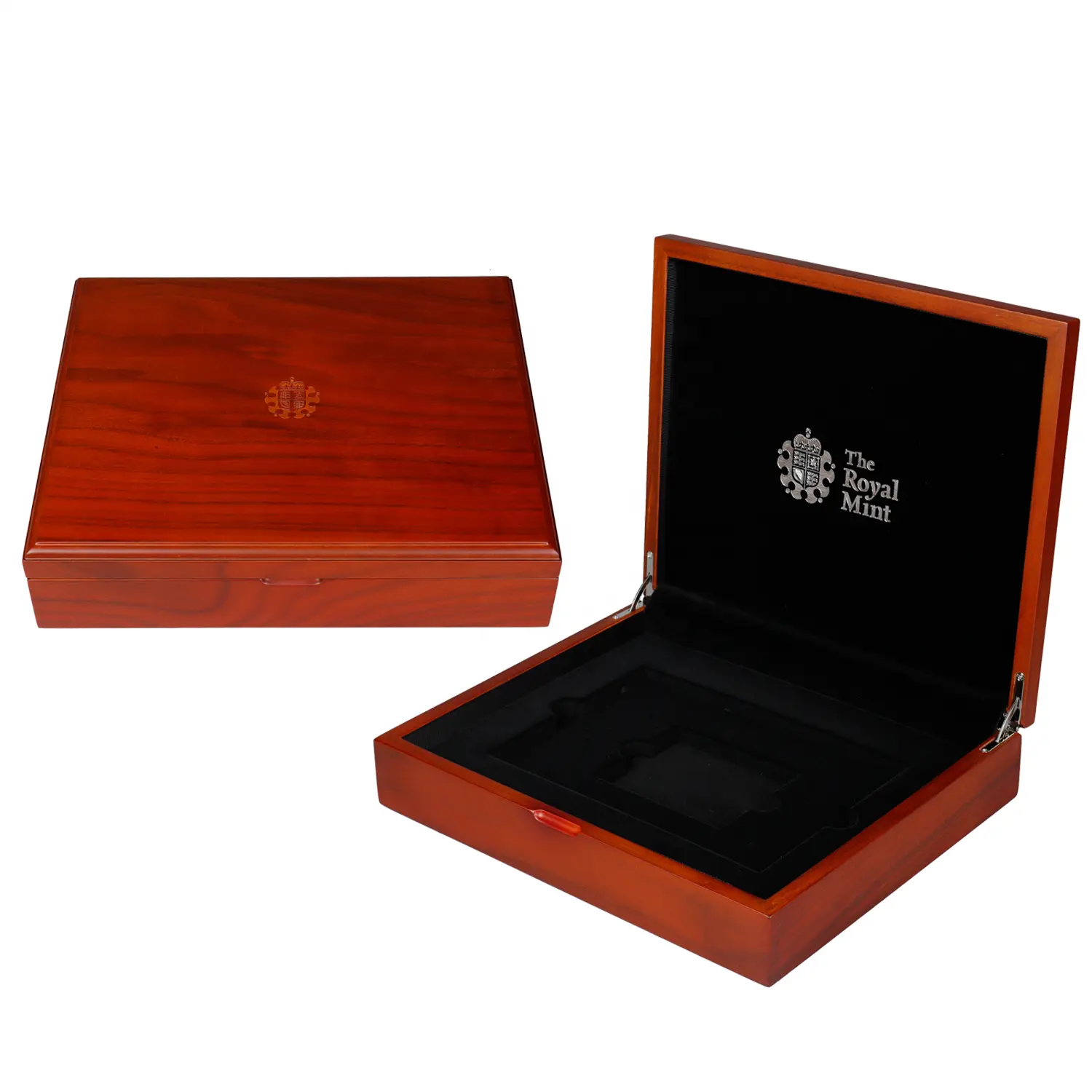 Caja de embalaje de monedas conmemorativas de madera con Logo láser personalizado, con bisagra de cojín