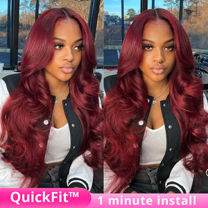 Perruque frontale 360 en dentelle pré-coupée sans colle Invisi-Band, couleur bordeaux 99J, cheveux humains ondulés - Product Image 2