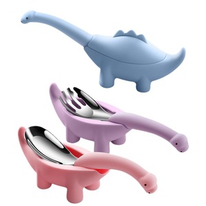 Cuchara de dinosaurio de silicona de acero inoxidable 304, tenedor para niños, sopa de entrenamiento, cuchara de comida para bebés, juego de tenedor, regalo de comedor para bebés pequeños - Product Image 1