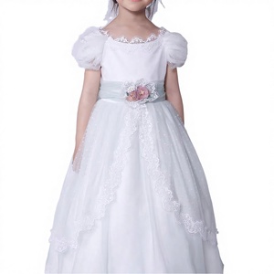 Elegante Vestido de Primera Comunión Blanco de Encaje con Cuello Redondo, Corte en A, Mangas Abullonadas Transparentes y Cinturón Floral Verde Azulado para Niñas - Product Image 1
