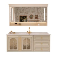 Ensemble de meuble-lavabo de salle de bain en chêne de style français avec vasque en céramique intégrée, comptoir en quartz, meuble sous-vasque couleur crème et miroir intelligent
