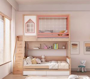 Toda la barandilla alta de madera maciza, litera escalonada arriba/<span class=keywords><strong>abajo</strong></span> <span class=keywords><strong>con</strong></span> árboles altos/bajos, cama <span class=keywords><strong>con</strong></span> <span class=keywords><strong>escritorio</strong></span> y armario, cama ancha arriba para niños - Product Image 2