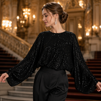 Sweat-shirt court noir à sequins pour femme, manches chauve-souris longues, col rond, ourlet froncé élastique, style streetwear automne, doublé, sexy, pour club