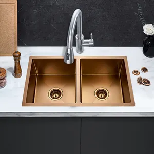 Luxury Rose Gold Handmade Undermount 33 Inch Double Blowl 16 Ga Stainless Steel Kitchen Sink