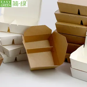 Wadah Persiapan Makanan Kertas Kraft Hijau Mudah 2 Kompartemen Kemasan Kotak Sekali Pakai untuk Makanan