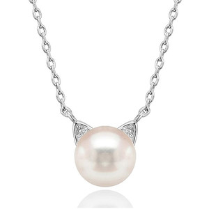 Collana con Pendente di Perle Akoya in Argento 925 Placcato Rodio, Perla Coltivata Bianca Rotonda AAA, Design Animale Carino per Uso Quotidiano Femminile - Product Image 1