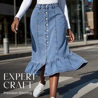 Jupe midi en jean bleu clair taille haute pour femme - Jupes évasées vintage à boutons sur le devant avec ourlet à volants - Coupe trapèze élégante