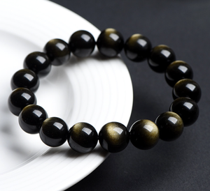 Bracelet extensible de perles rondes de 6 à 18mm de <span class=keywords><strong>pierres</strong></span> précieuses <span class=keywords><strong>semi</strong></span>-précieuses faites à la main en or obsidienne vente en gros - Product Image 3