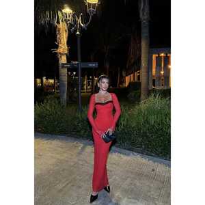 ชุดราตรีทรงเอไลน์สีแดงแบบเอ็มไพร์  ยาวกรอมพื้น  ผูกเชือกด้านหลัง  ผ้าโพลีเอสเตอร์  สำหรับงานเลี้ยงอย่างเป็นทางการ  ไซส์ XS ถึง XL - Product Image 3