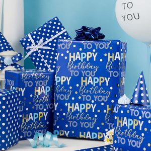 Happy Birthday To You <b>Blue</b> Gift Wrapping <b>Paper</b> Double Sided Art <b>Paper</b> <b>Roll</b> Recyclable For Gift & Craft Use - Product Image 1
