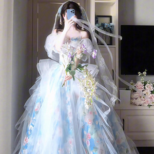 Floral Print Off-The-Shoulder Chiffon Ball Gown Empire Waistline Evening Dress For Women With Veil And Bouquet - Product Image 3