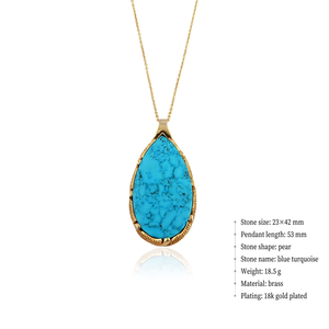 Turquoise Jewelry Pendant <b>Necklace</b> 18k Gold Plated Brass Pear Stone Leaf Designer Collet Punk Style Wedding <b>Statement</b> <b>Necklace</b> - Product Image 1