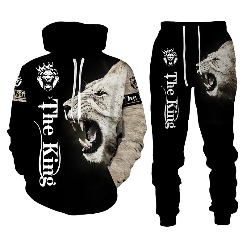 Men's 3D Animal Printed Hoodie and Sweatpants Set Youth Lion Graphic Jogger Pants Sweatshirt Tracksuits Autumn Winter