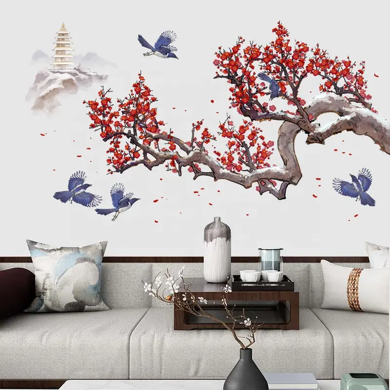 चीनी शैली फूल पक्षी दीवार स्टीकर सजावट peony पीवीसी 3d दीवार स्टिकर कमरे की दीवारों के लिए