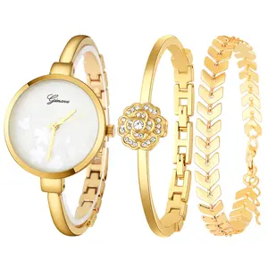 Nieuwe Trendy Goud Plating Quartz Horloge Sieraden Set Voor Dames Partij Fabrikant Leverancier Armband Armband Horloge Cadeau Set