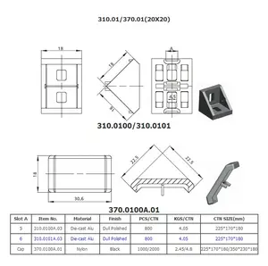 310.01/370.01 CE Approved High End Design 20x20 Aluminium Angle Corner Bracket With Black Nylon Cap Aluminium Profile Connector