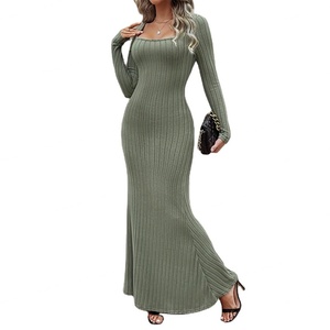 Vestidos de punto acanalado de manga larga con cuello cuadrado y dobladillo de cola de pez de color liso, estilo temperamental, para mujer, novedad 2024, personalizados al por mayor - Product Image 1
